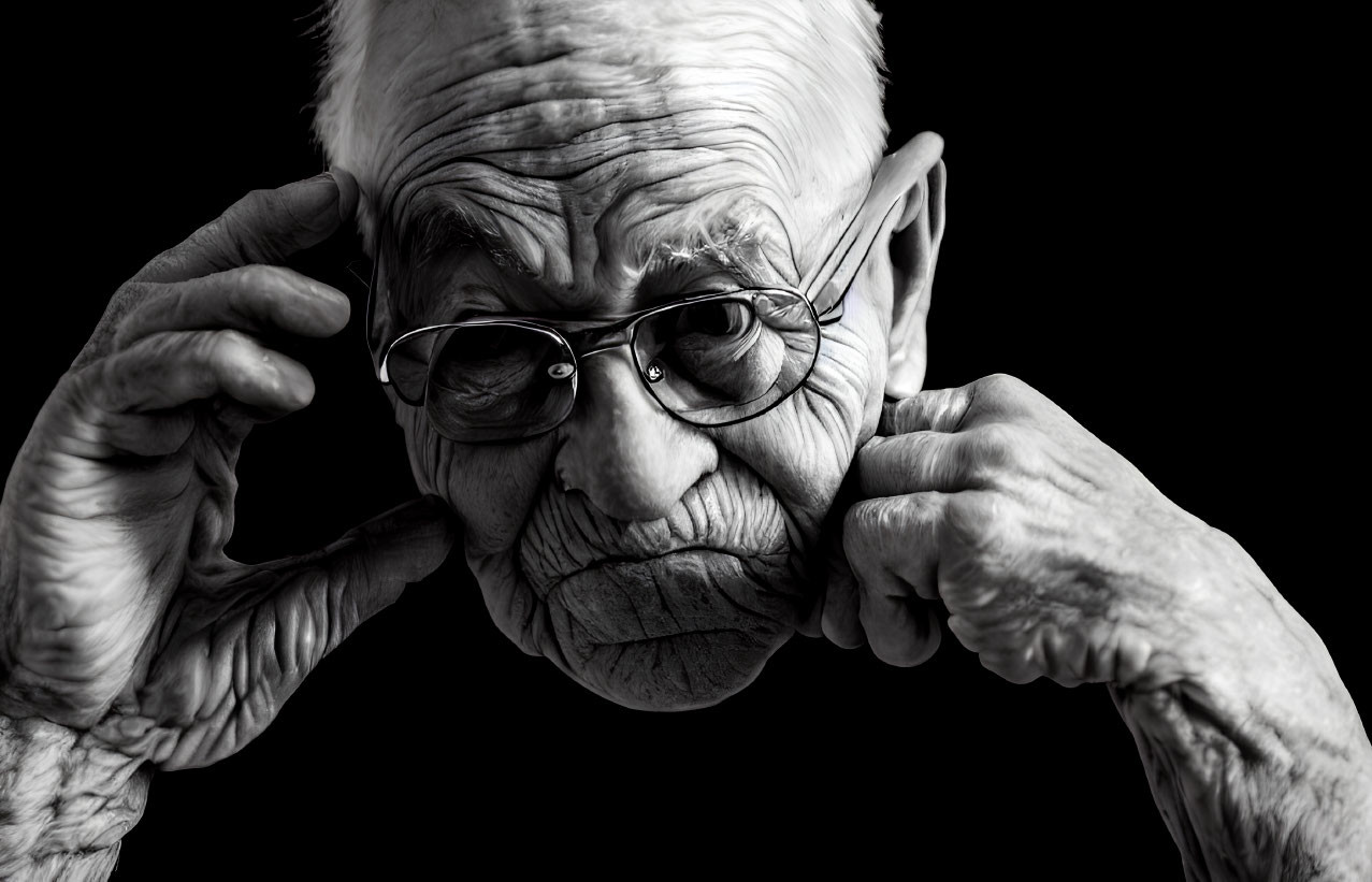 Elderly person with deep wrinkles and glasses in thoughtful pose