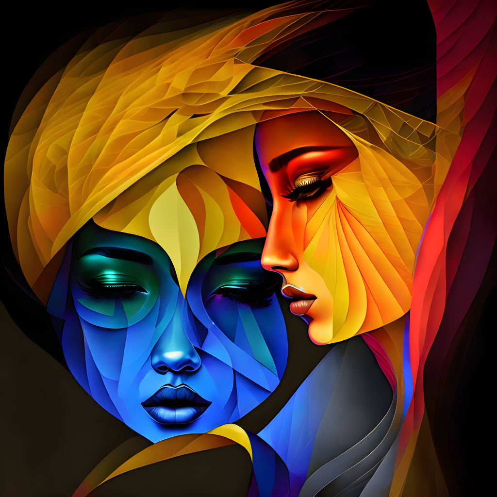 Abstract digital artwork: Two stylized female faces with warm and cool palettes, blending shapes and shades