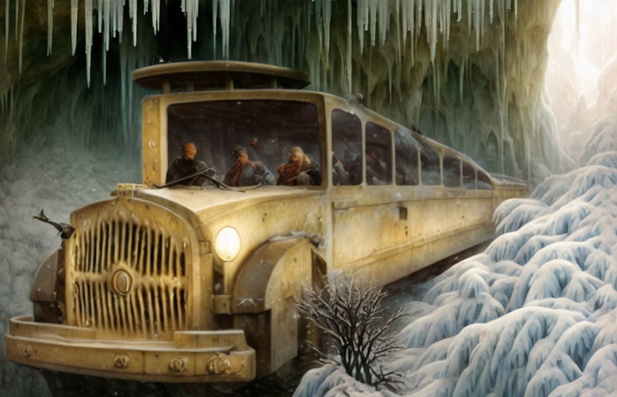 Vintage snow-covered train with passengers in icy landscape