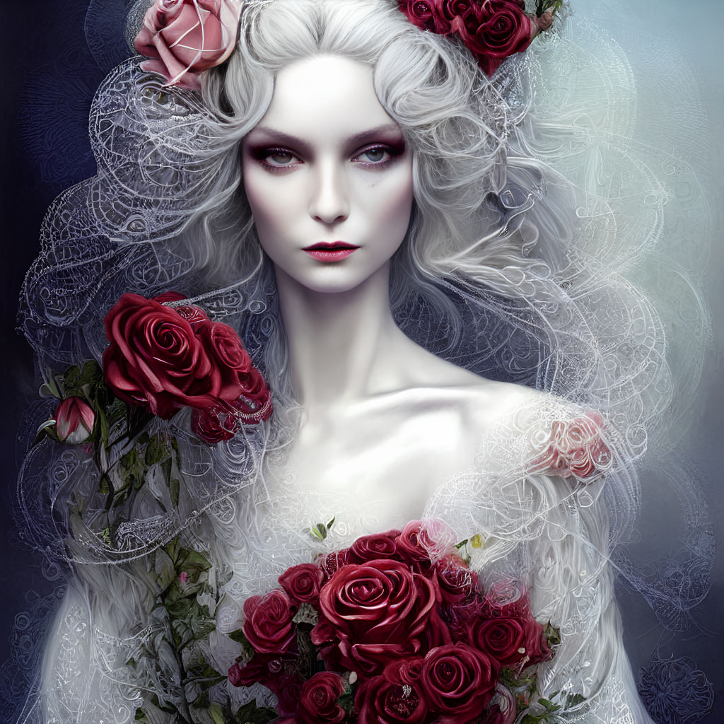 Pale woman with white hair and roses against dark blue background