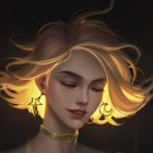 Digital artwork: Woman with closed eyes, wearing rose headpiece, gold filigree, butterfly motifs