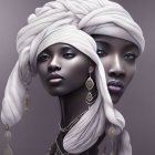 Stylized portraits of women with geometric patterns, headwraps, bold makeup, and purple backdrop