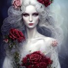 Pale-skinned woman with gray hair and red flowers in cosmic setting