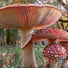 Vibrant mushrooms in enchanted forest with ethereal light.