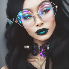 Woman with vibrant makeup, oversized sunglasses, dark lipstick, wavy hair, and decorative choker.