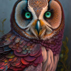 Colorful Owl Illustration with Detailed Patterns and Blue Eyes