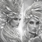 Ornate metallic figures with delicate features and elaborate headpieces face each other closely