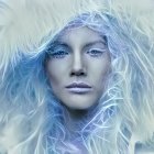 Fantasy illustration of woman with blue eyes and ethereal patterns with serene blue dragon.