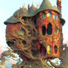 Colorful Fantasy Treehouse with Whimsical Architecture amid Clouds