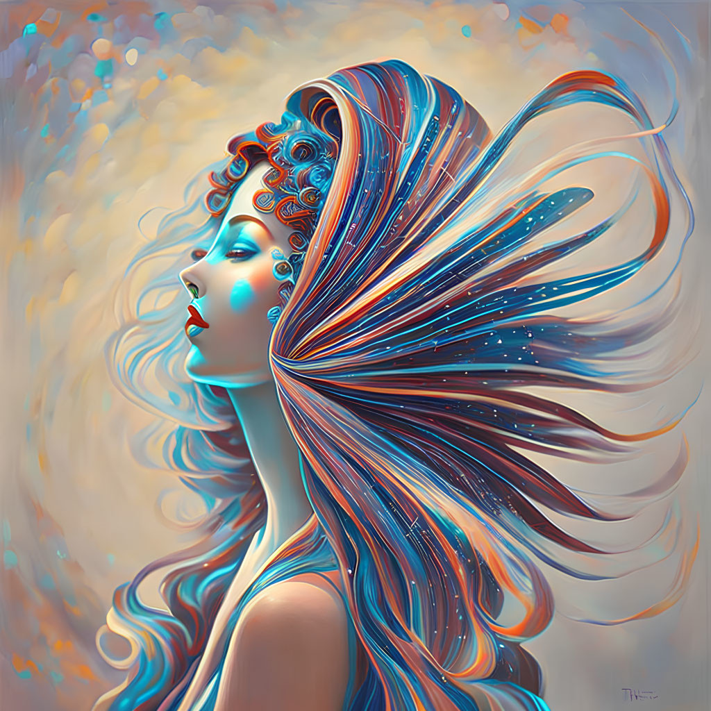 Colorful surreal portrait of woman with ornate headpiece on soft blue background