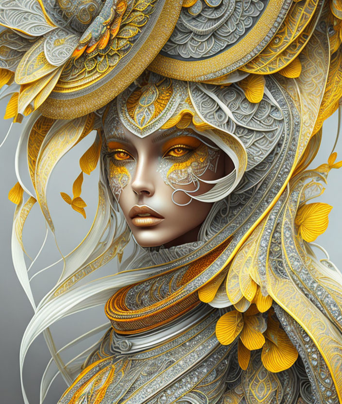 Baroque-style gold and white headdress with yellow leaves and intricate patterns