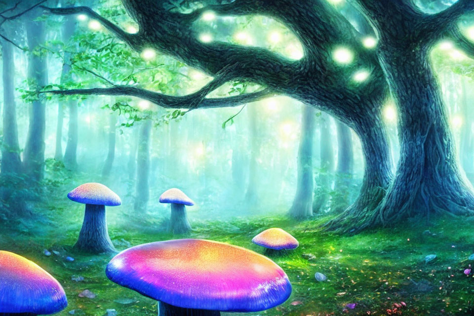 Enchanting forest with glowing mushrooms and mystical tree in misty light