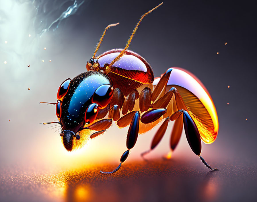 Colorful digital illustration: Ant with reflective body and iridescent wings