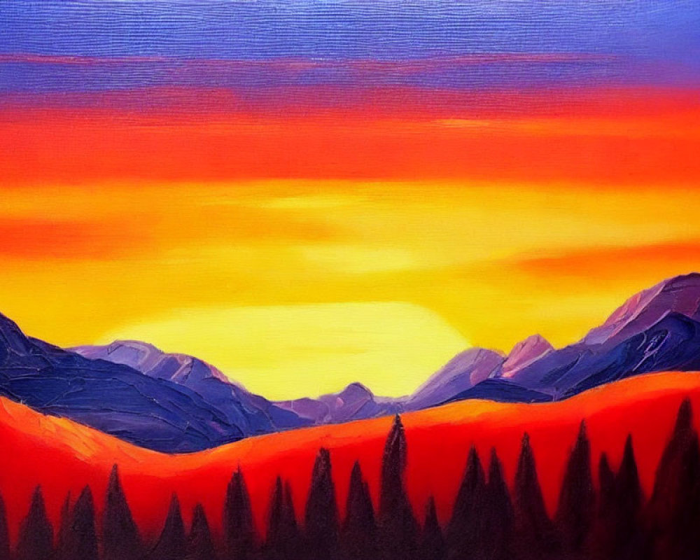 Colorful sunset painting with orange, yellow, and purple hues over mountains and forest