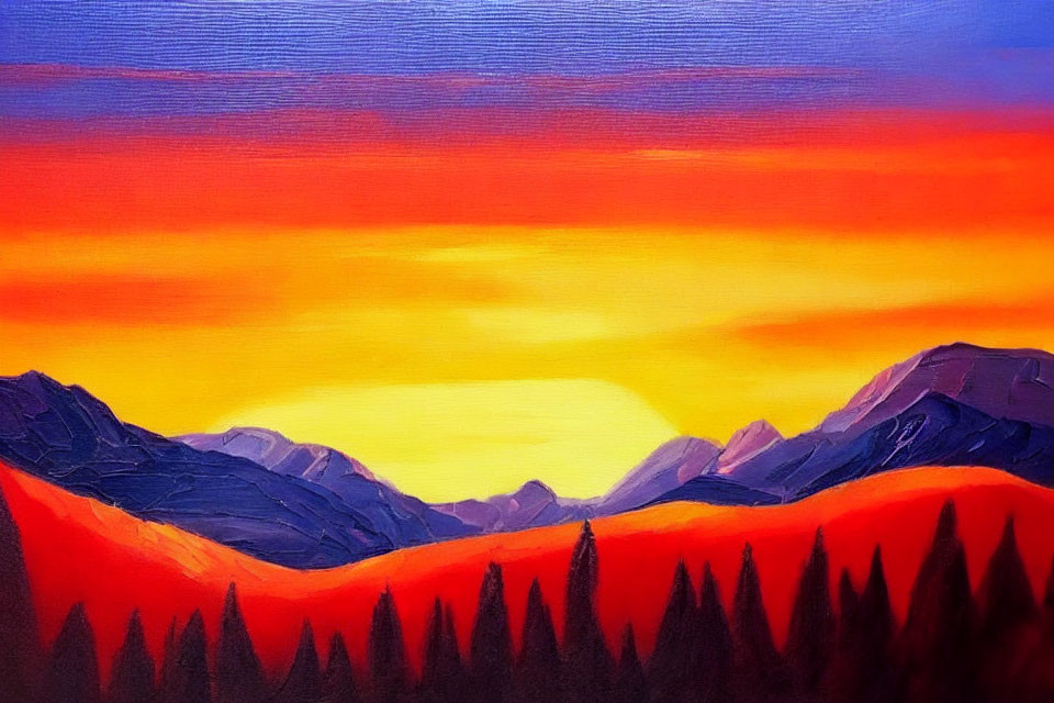 Colorful sunset painting with orange, yellow, and purple hues over mountains and forest