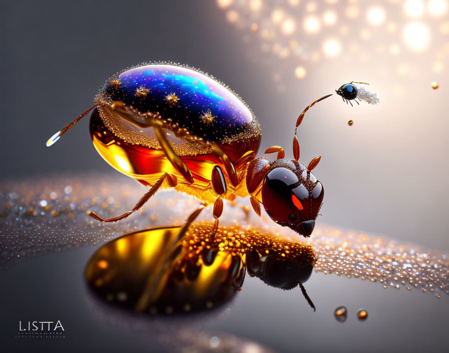 Stylized beetle with glossy iridescent shell and cosmic reflection.