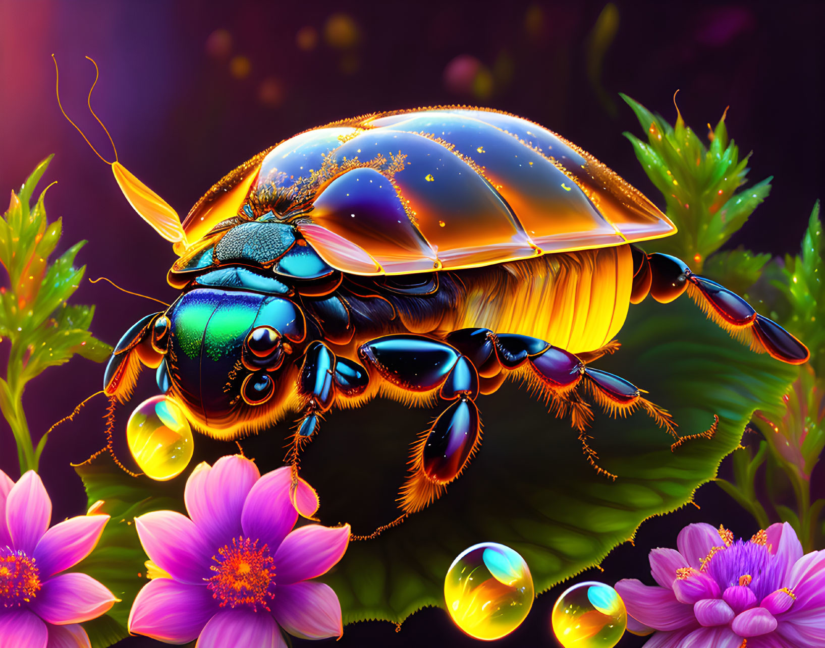 Colorful Beetle Illustration Among Flowers and Dewdrops