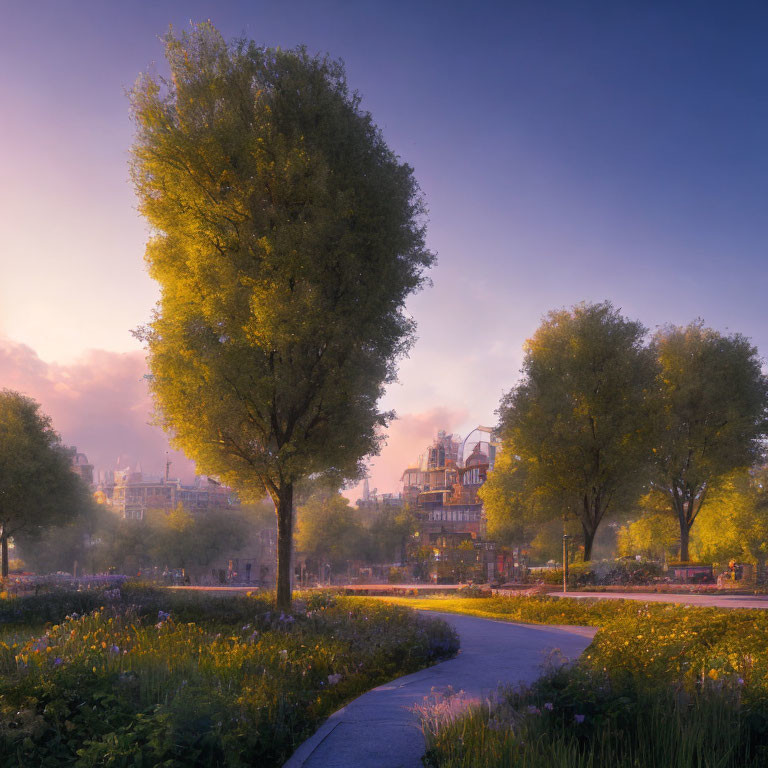 Tranquil dusk park scene with tall trees, winding path, blooming flowers, and soft sunlight