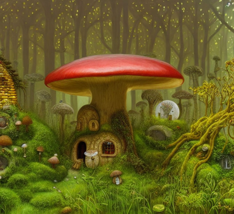 Enchanting forest scene with red-capped mushroom house