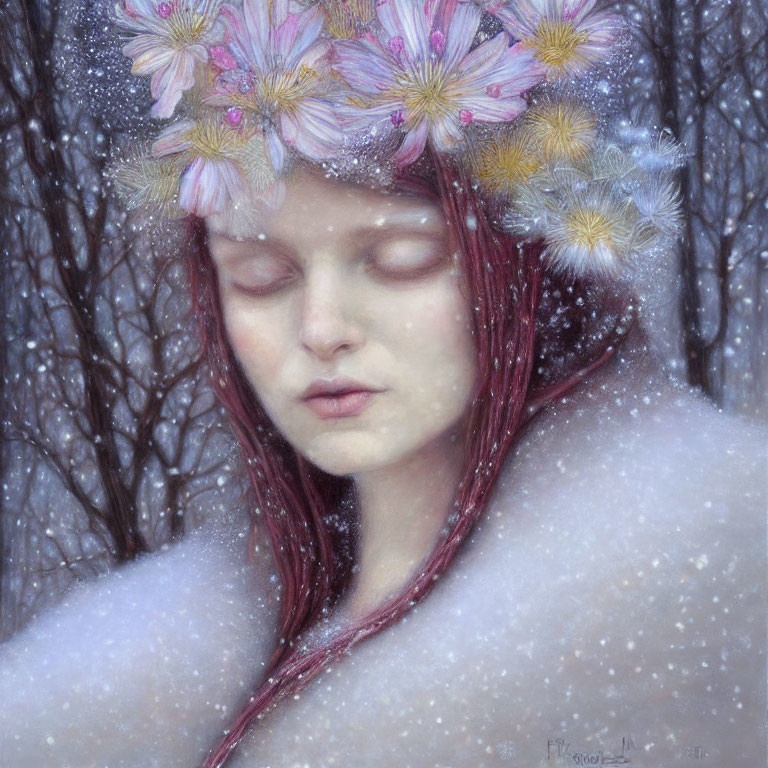 Person with Pink Hair and Flower Crown in Snowy Scene