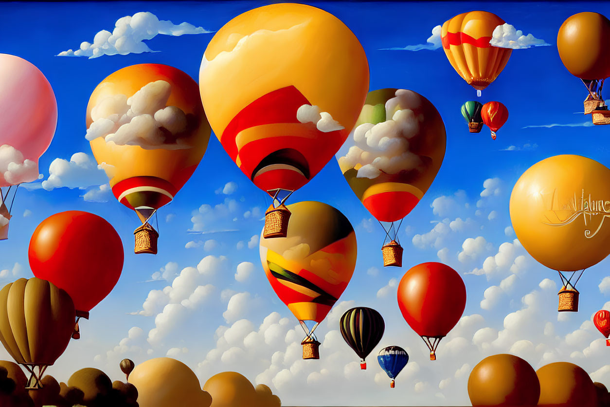 Vibrant hot air balloons in blue sky with white clouds