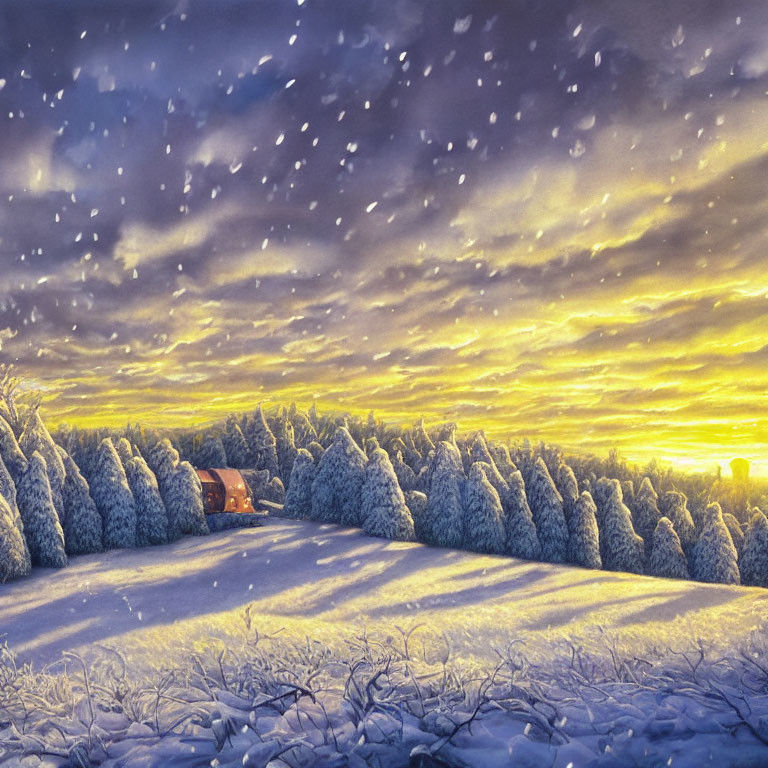 Snow-covered winter landscape with dramatic sky and golden sunlight.