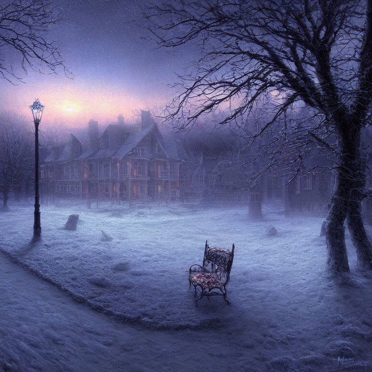 Victorian house in wintry twilight with snow, bare tree, street lamp, bench, purple sky