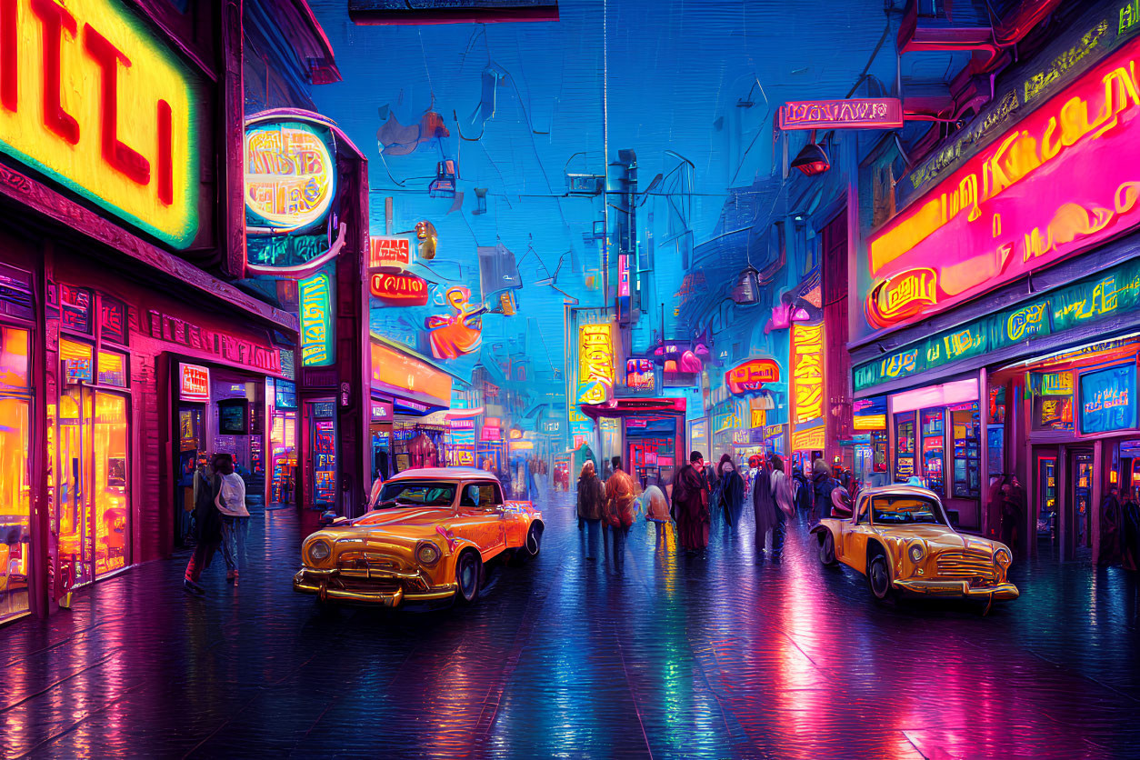 Neon-lit night street scene with classic cars and people