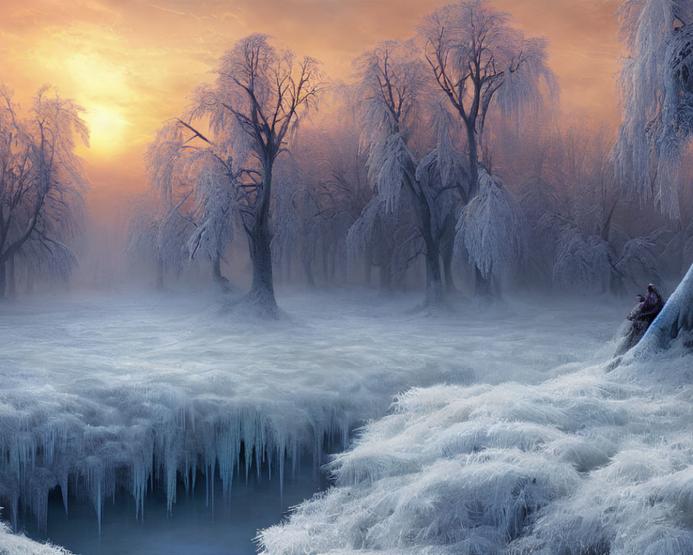 Serene frosty sunrise landscape with silhouetted trees and solitary figure