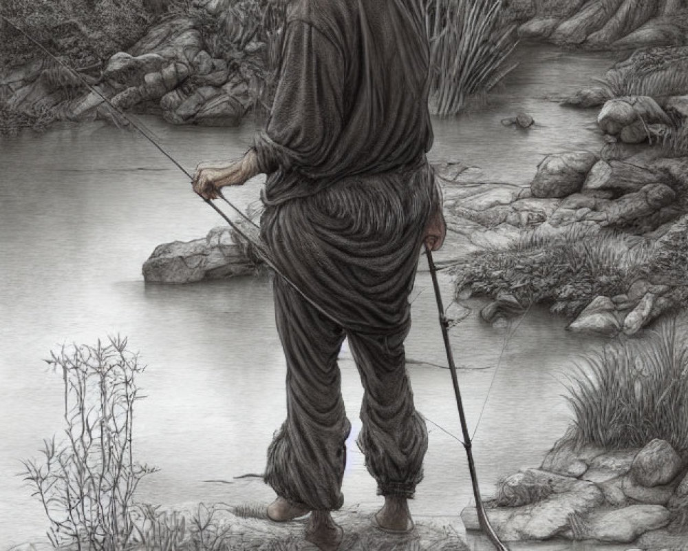 Elderly man fishing in tranquil stream by forest