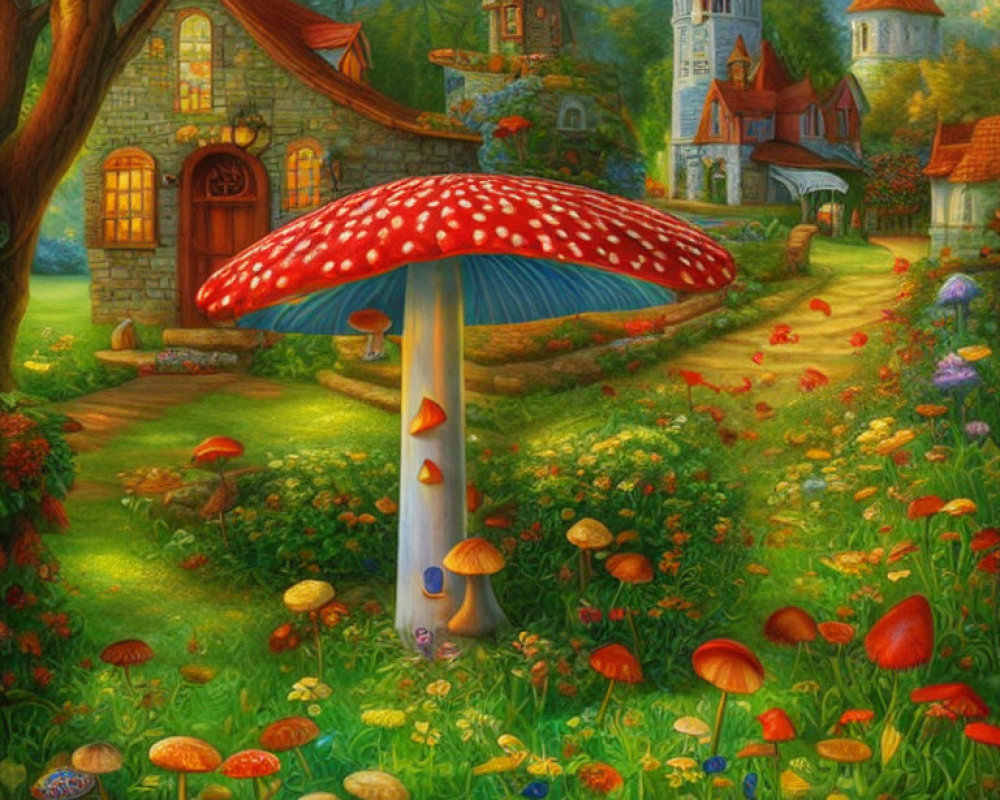 Colorful illustration of a large red mushroom in a whimsical landscape