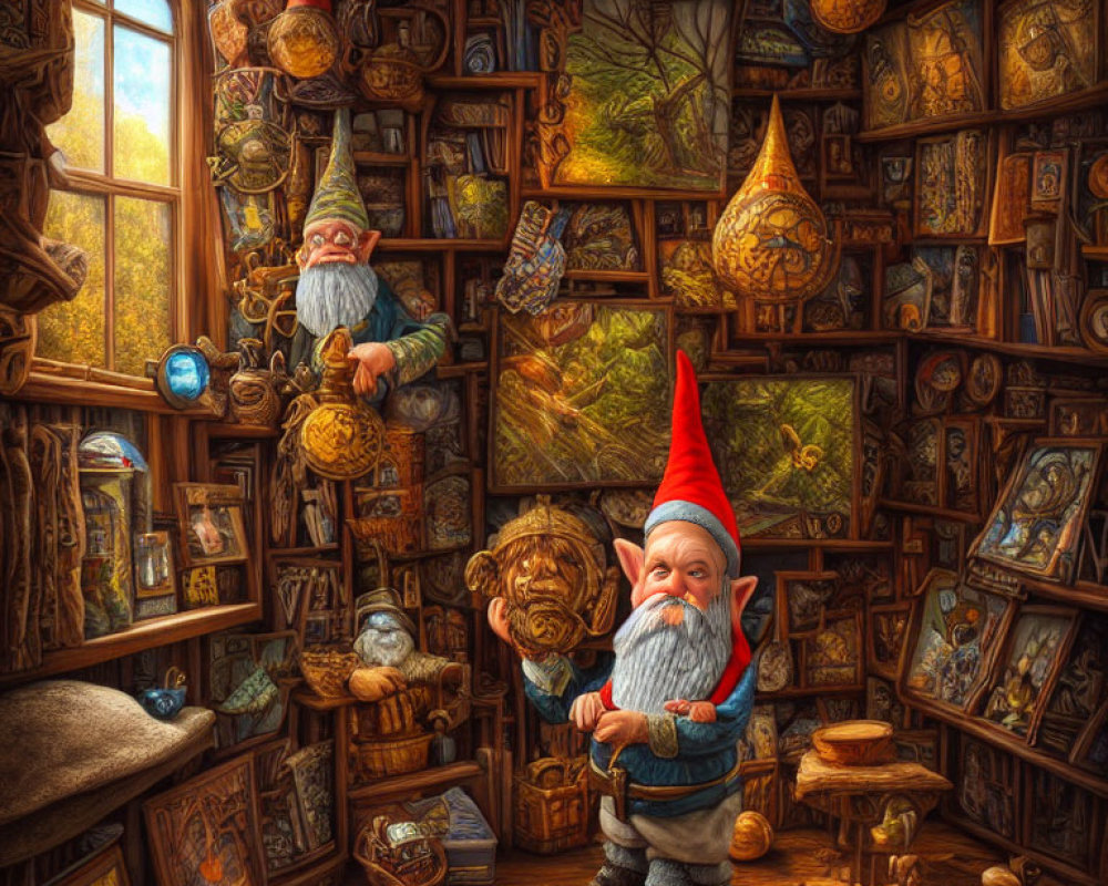 Fantasy room with gnomes and magical artifacts plotting an adventure