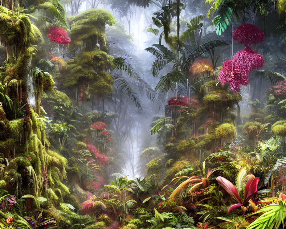 Lush mystical forest with vibrant flowers and hanging moss