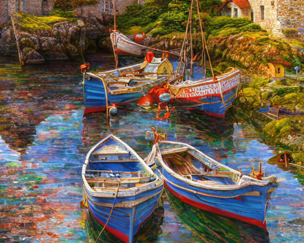 Colorful painting of boats in tranquil harbor with old stone houses and lush greenery