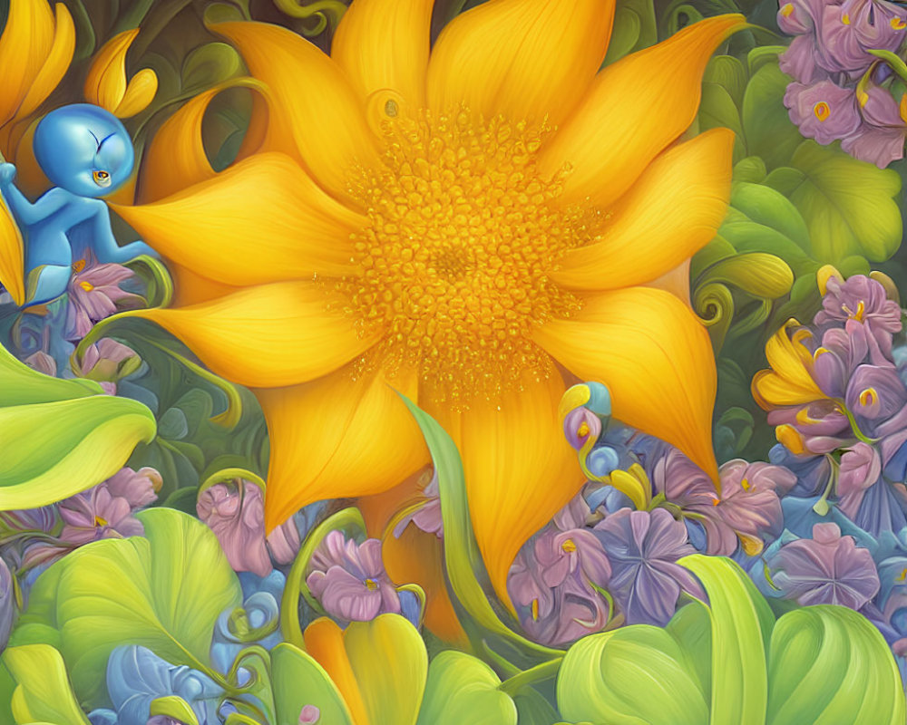 Colorful sunflower illustration with purple flowers, green foliage, and small blue elf.
