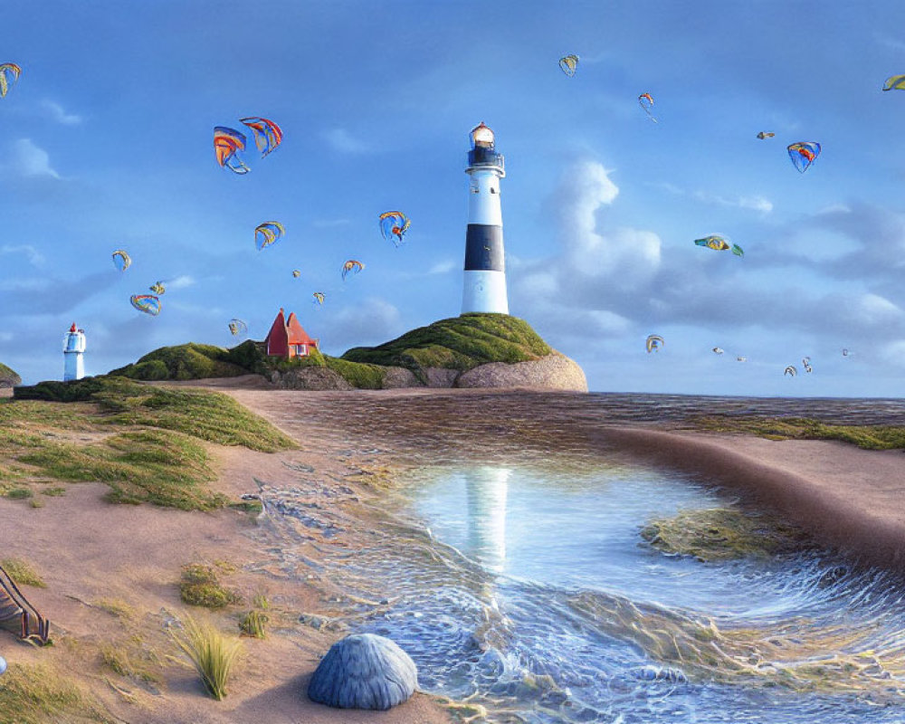 Coastal scene with lighthouse, paragliders, beach, and water