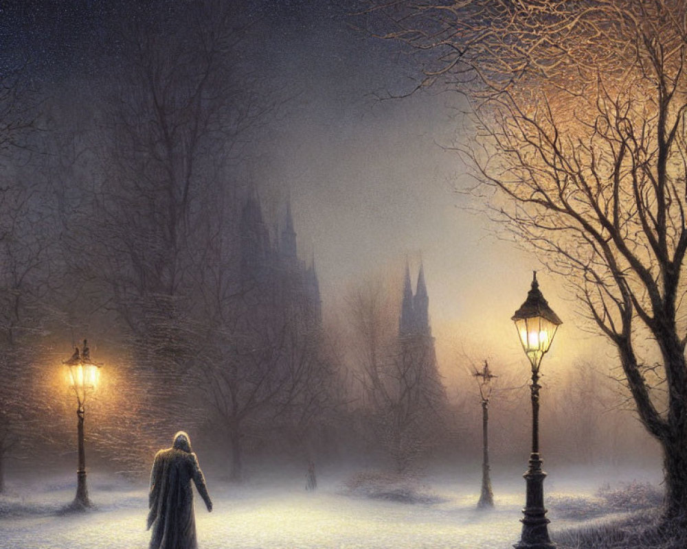 Snowy Path with Victorian Street Lamps and Castle-like Structure