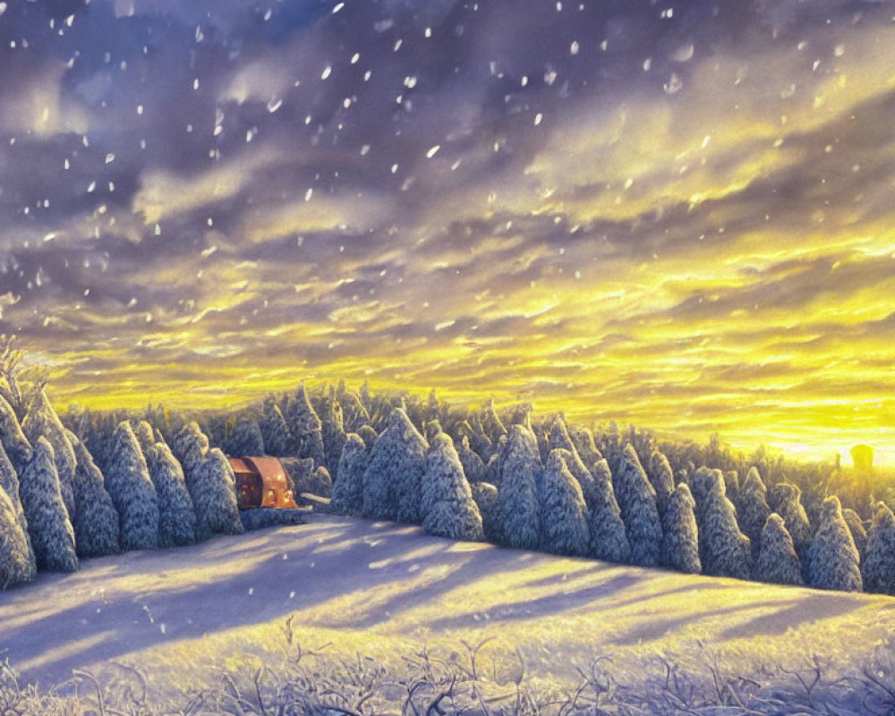 Snow-covered winter landscape with dramatic sky and golden sunlight.