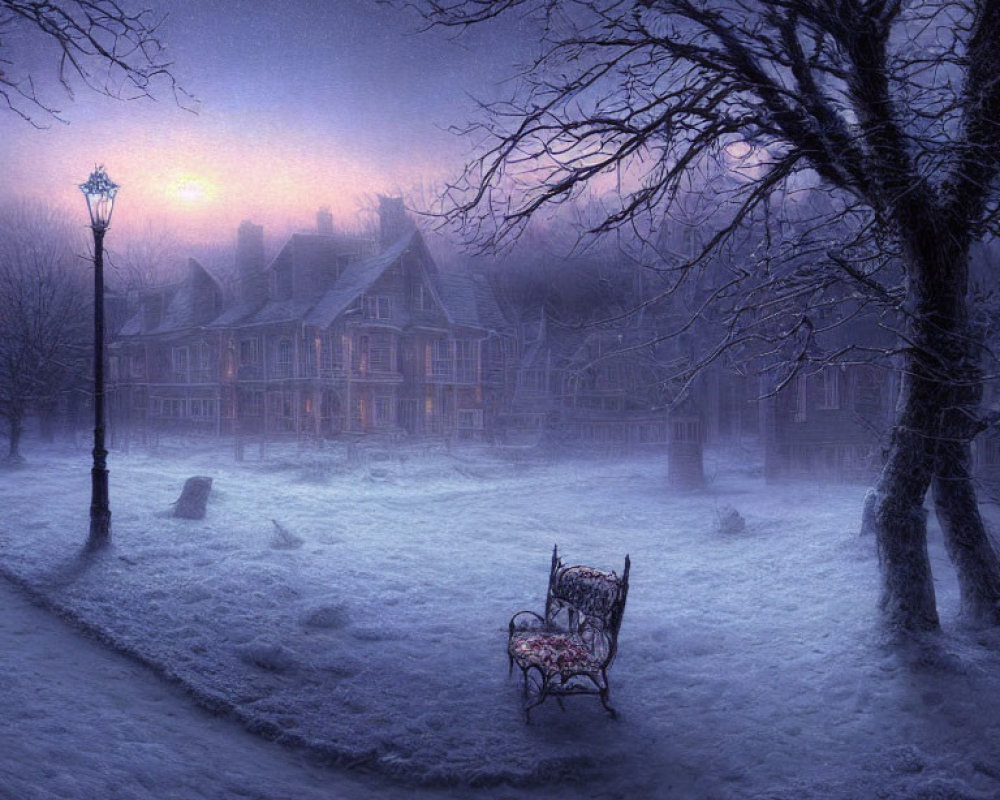 Victorian house in wintry twilight with snow, bare tree, street lamp, bench, purple sky