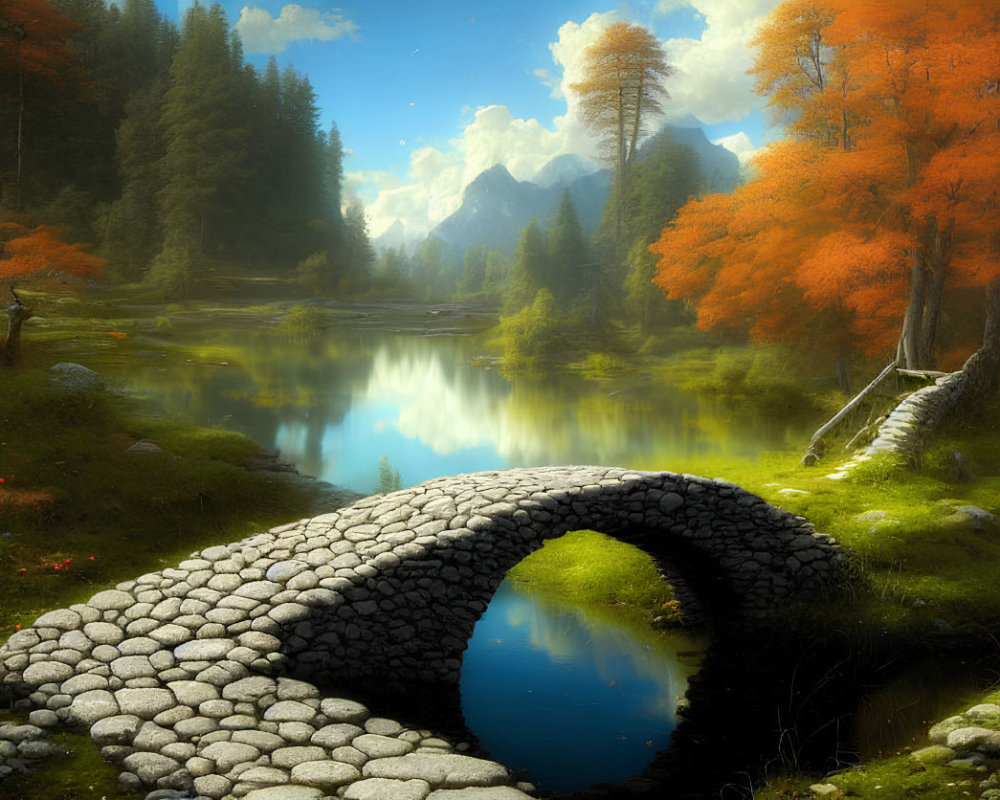 Tranquil forest scene with stone bridge over calm river