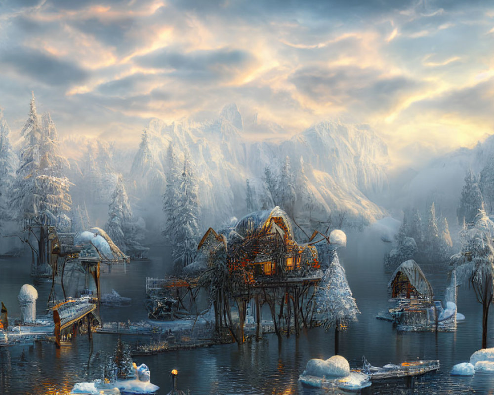 Snowy mountains, frozen lake, cozy houses, and frost-covered trees in a serene winter scene