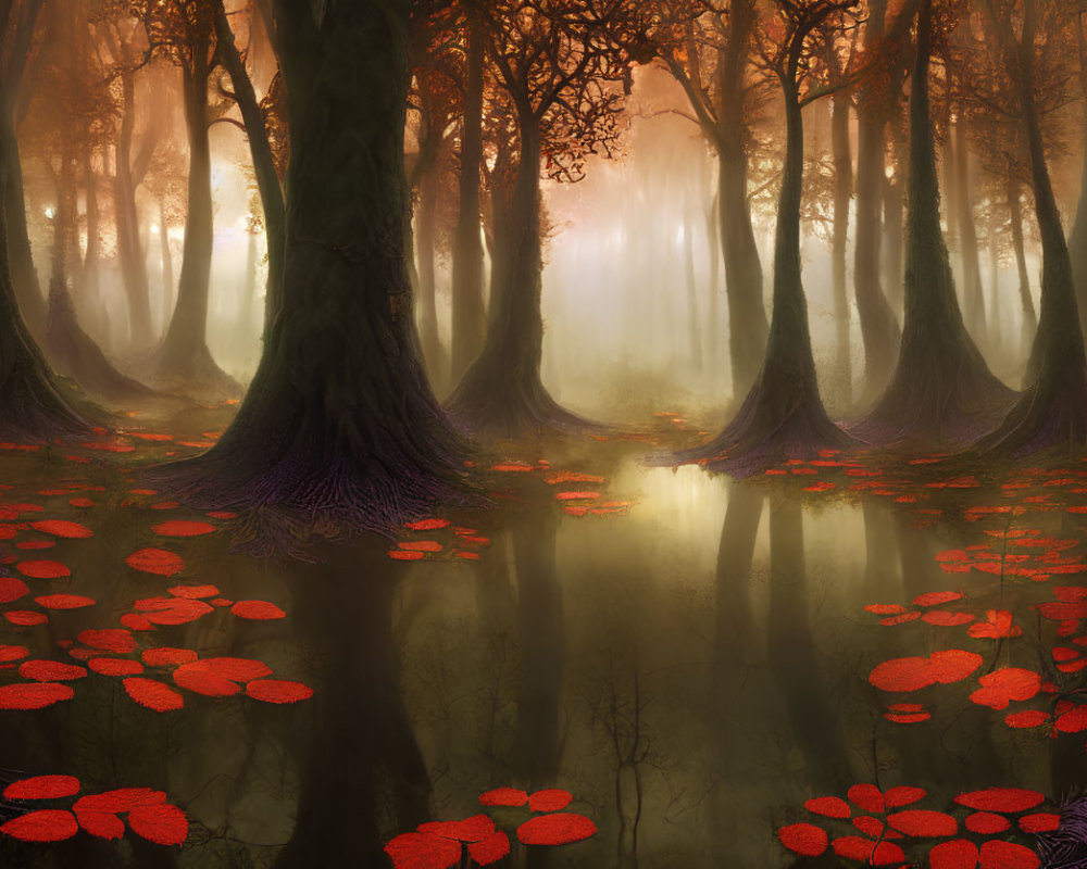 Mystical forest with towering trees and red lily pond in golden fog