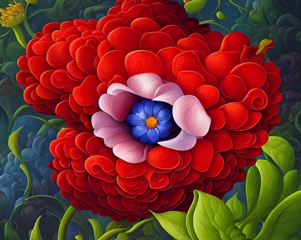 Colorful Illustration of Large Red Flower with Layered Petals on Green Background