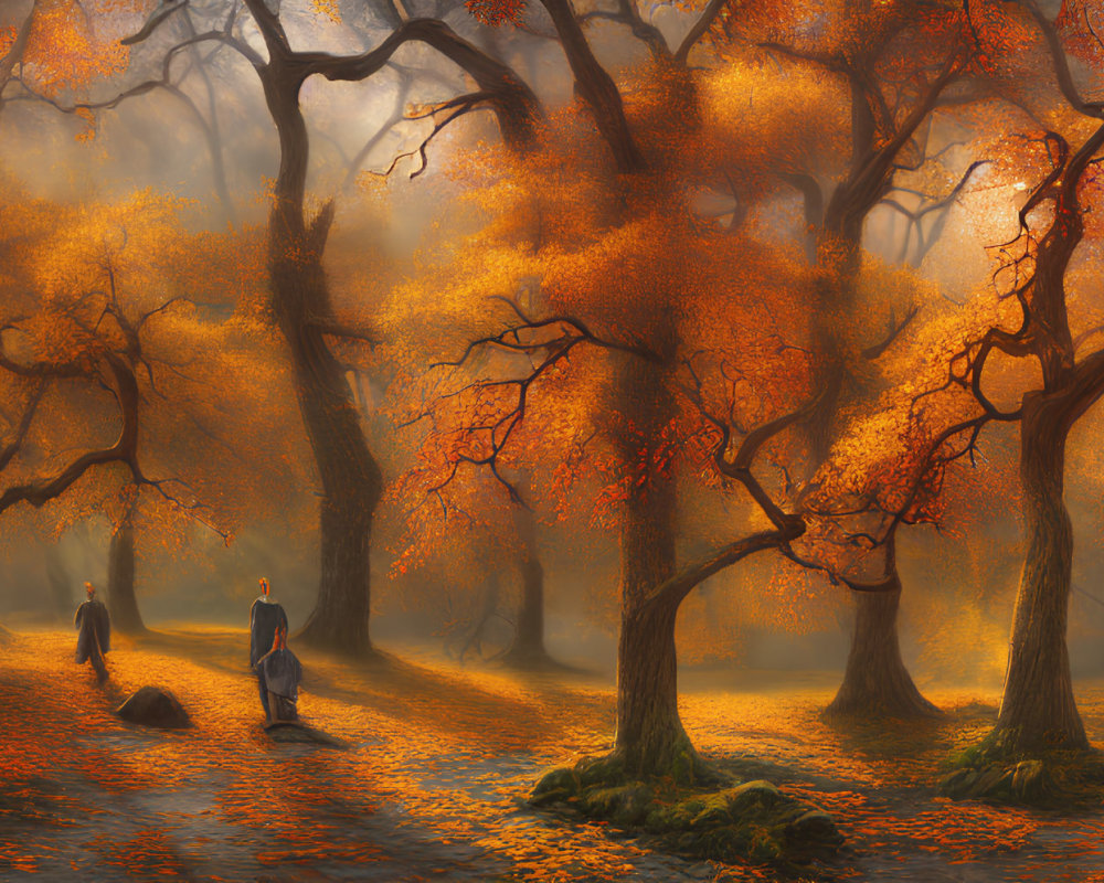 Mystical autumn forest with towering red-leafed trees and lone figure