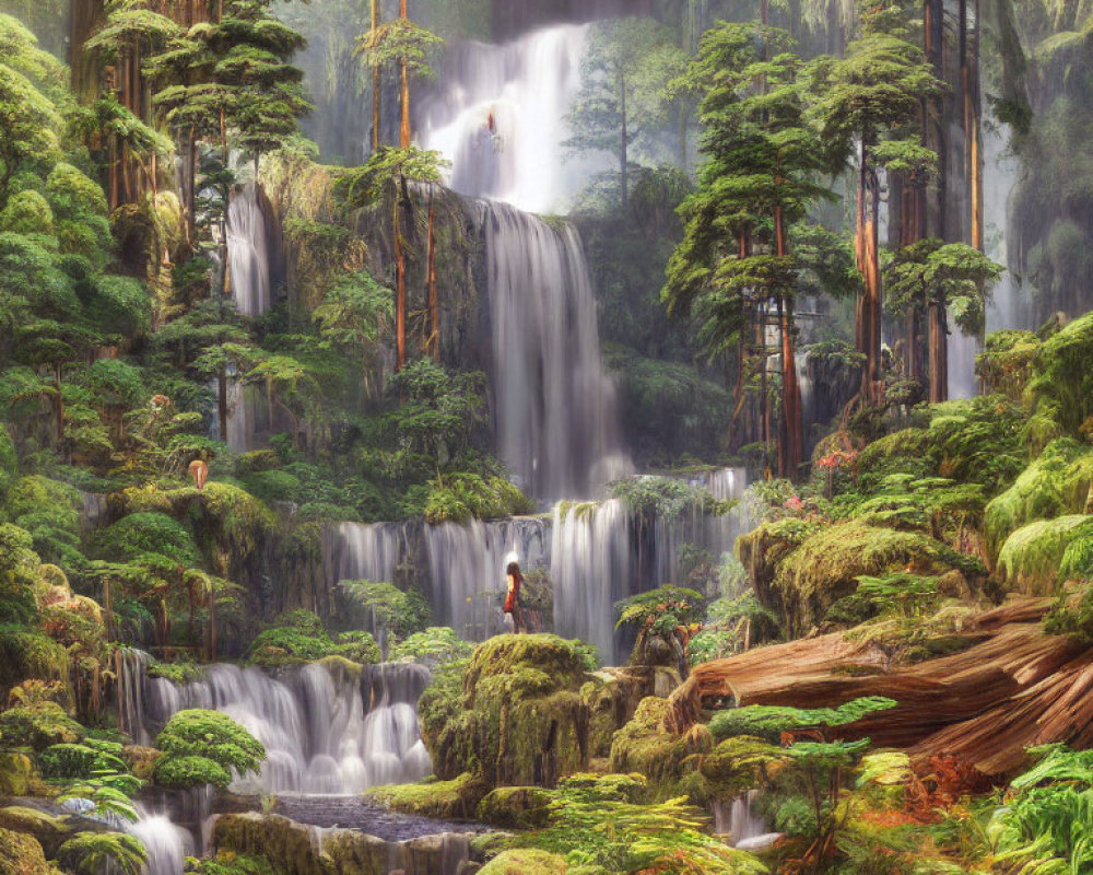 Tranquil waterfall in lush forest with greenery and mist