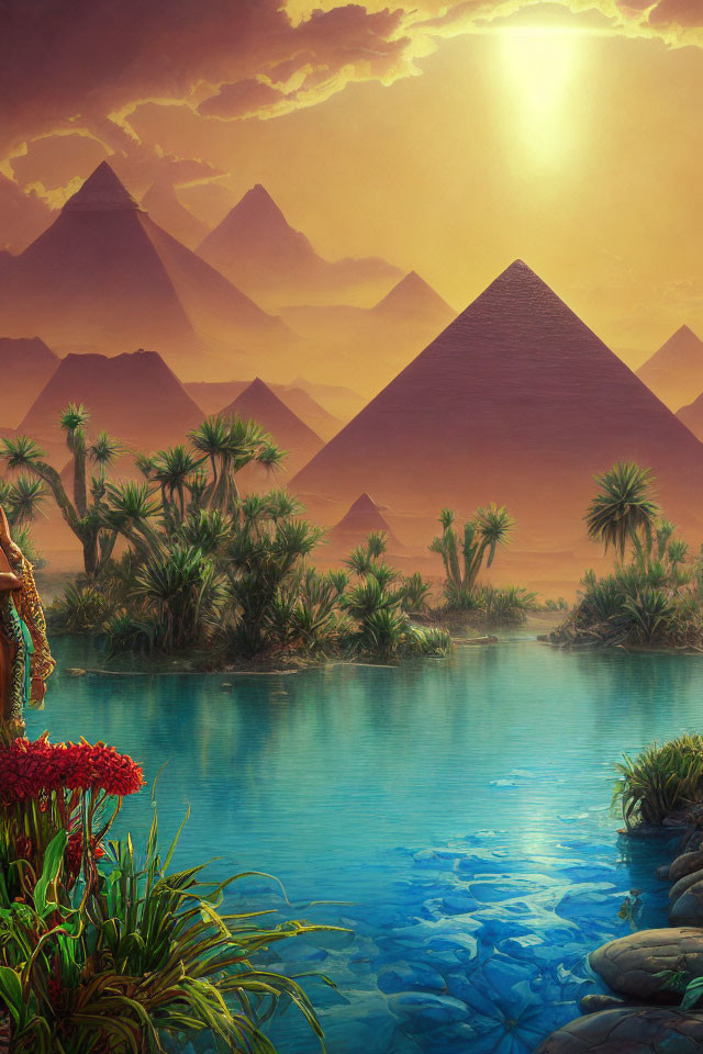 Tranquil Oasis with Palm Trees and Pyramids at Sunset
