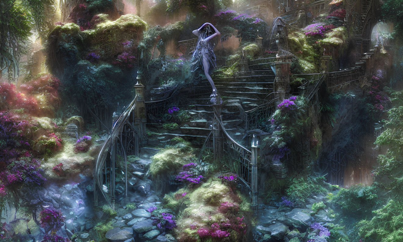 Enchanting forest scene with staircase, vibrant flora, ethereal light, and ghostly figure