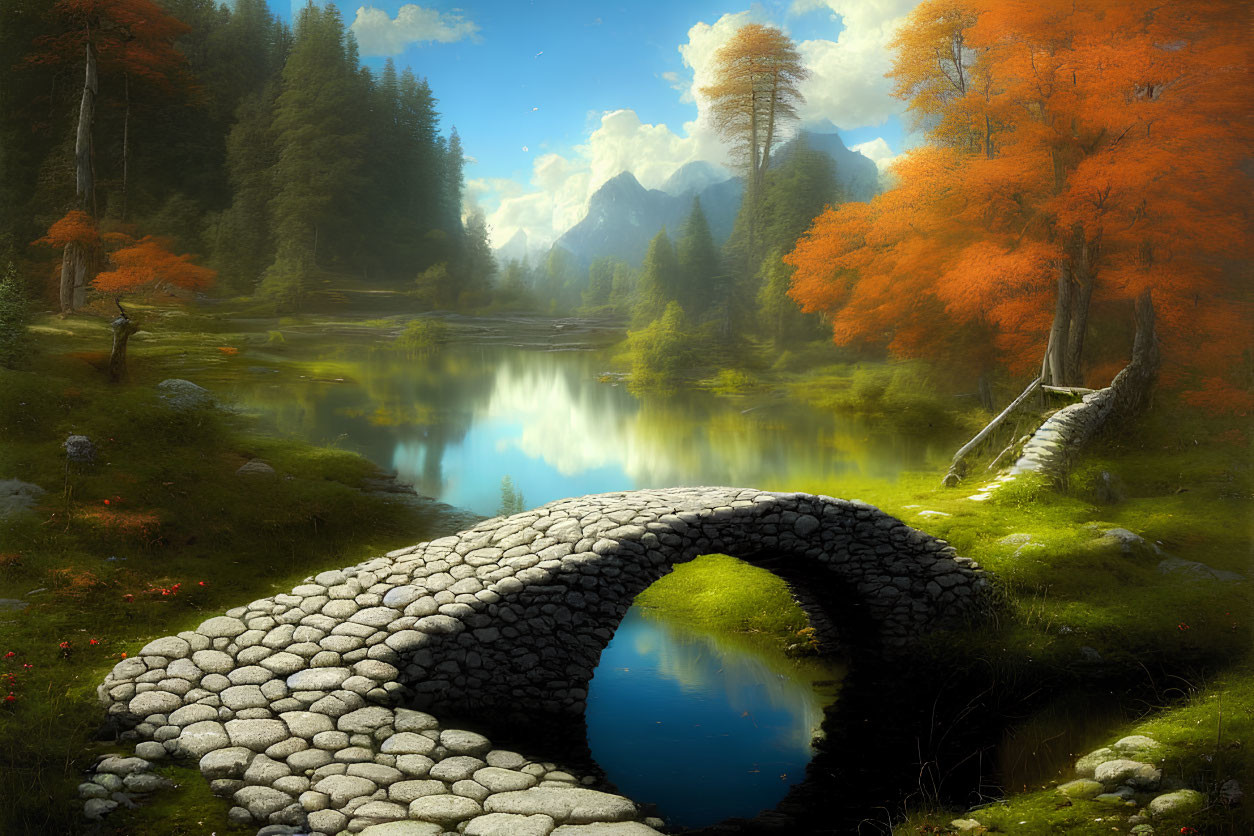 Tranquil forest scene with stone bridge over calm river
