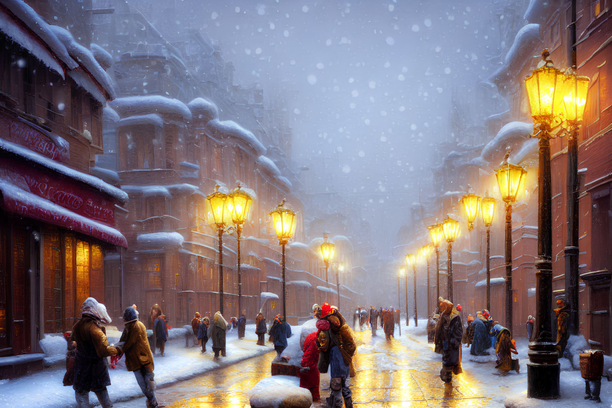 Snowfall scene: Busy city street with glowing streetlights, people in winter attire, and old buildings
