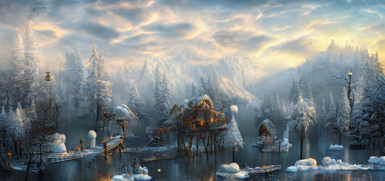 Snowy mountains, frozen lake, cozy houses, and frost-covered trees in a serene winter scene